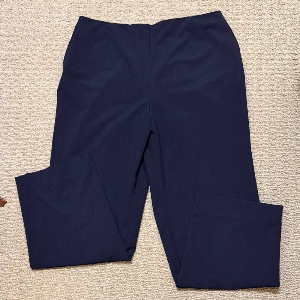 Talbots Dark Blue Straight Leg, High Waisted, Flat Front Trousers, Size 14.